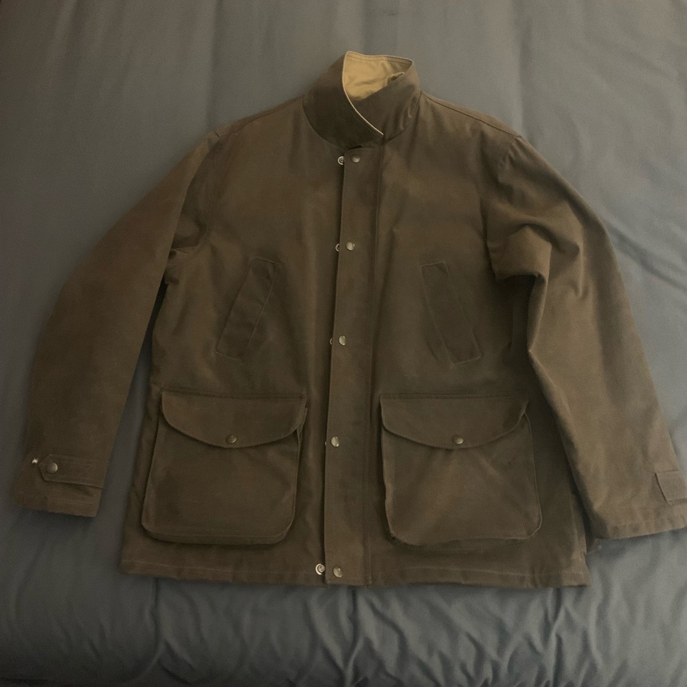 Irish setter by Red Wing Shoes waxed canvas hunting jacket (made in Canada)